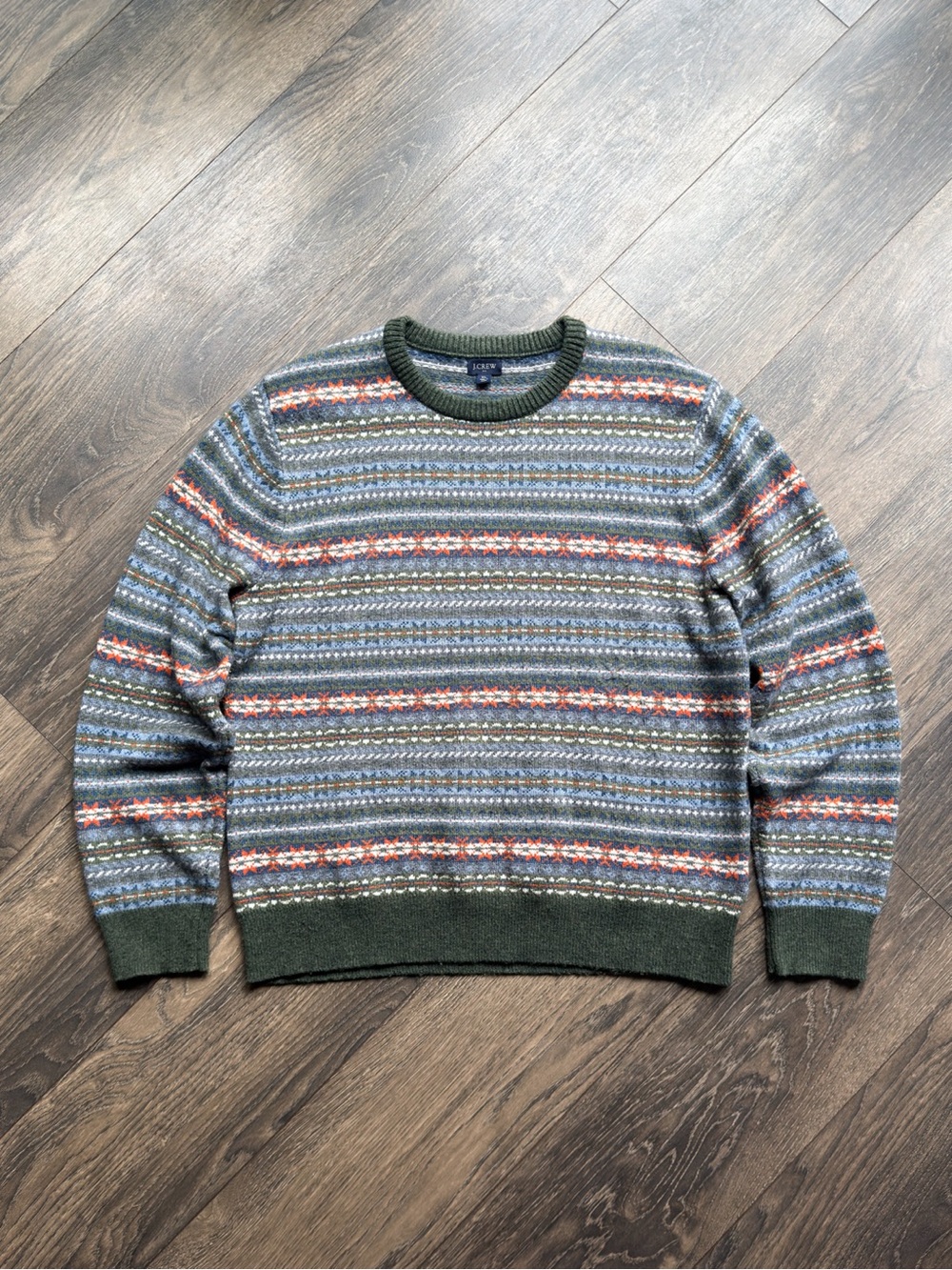 J.Crew Men’s XL Fair Isle Sweater Lambswool Blend Green Blue Orange Crewneck